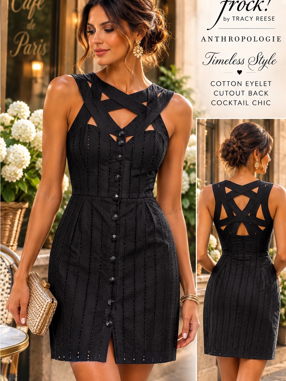 Anthropologie Black Cotton Eyelet Cutout Mini Dress Parisian Chic Romantic SZ 6